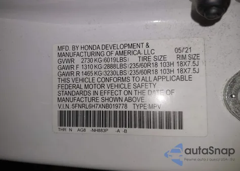 2022 Honda Odyssey Ex-L z USA, uszkodzony, nr VIN 5FNRL6H7XNB019778